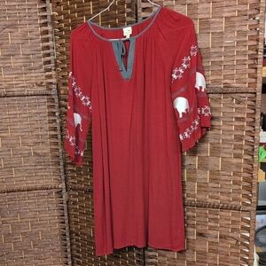 Pink Owl Red Tunic/Dress with Embroidered Sleeves